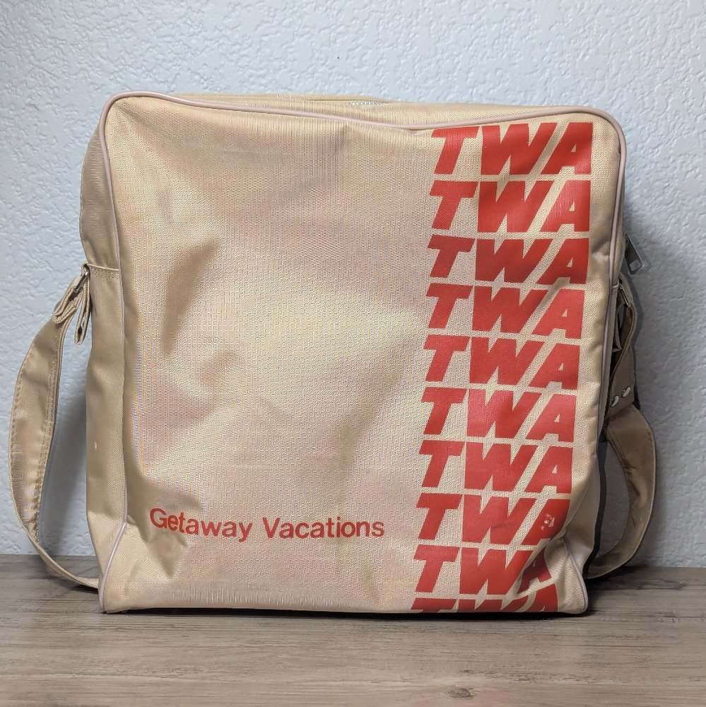 Vintage TWA Airline Beige‎ Getaway Vacation Carry On Messenger Tote Bag